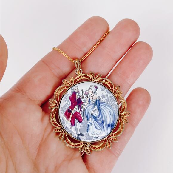 VTG 1950s Pendant Necklace Filigree Enamel French Rococo Style Prong Set MCM - Picture 3 of 13